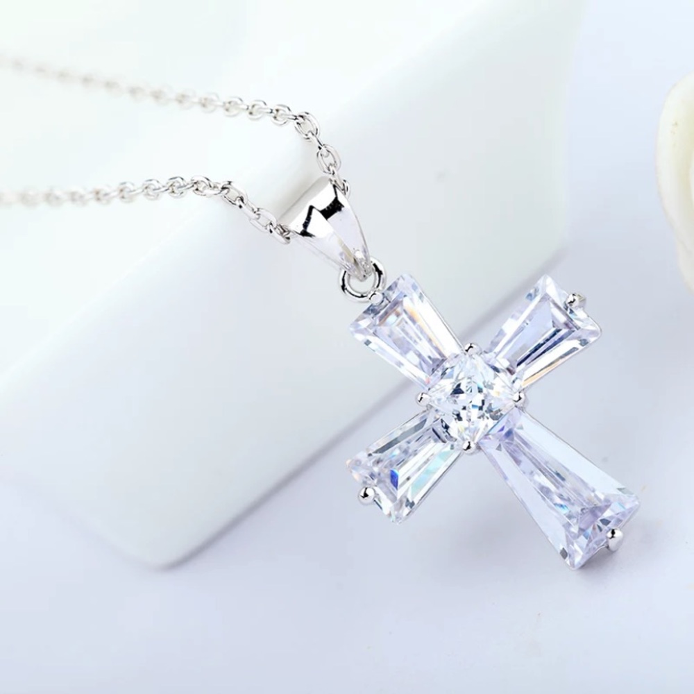 CZ Diamond Cross Necklace Sterling Silver